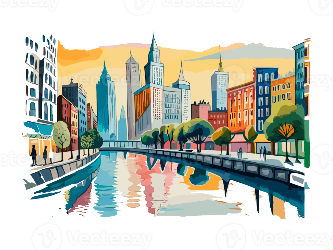 Watercolor cityscape with colorful building and architecture png