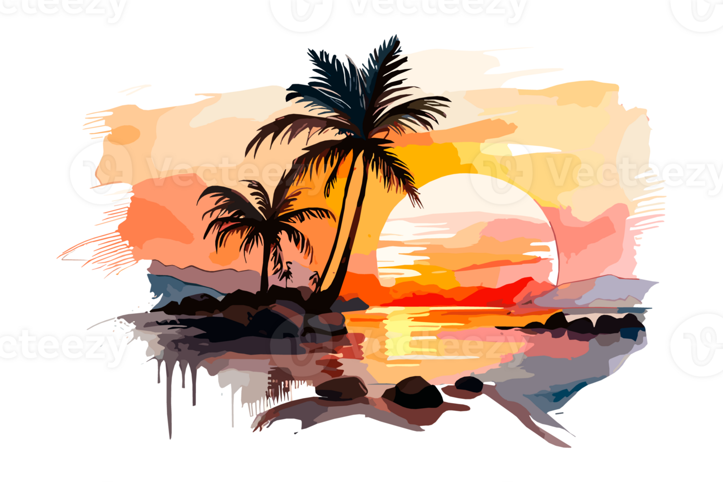 Watercolor sunset painting with palm trees on the sea beach, transparent background, PNG. Hand-drawn sunrise landscape riverside illustration for t-shirts, book covers, and print media decorations png