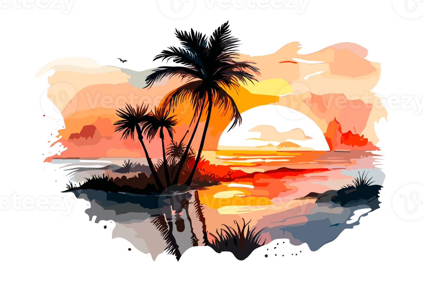 Watercolor sunset painting with palm trees on the sea beach, transparent background, PNG. Hand-drawn sunrise landscape riverside illustration for t-shirts, book covers, and print media decorations png