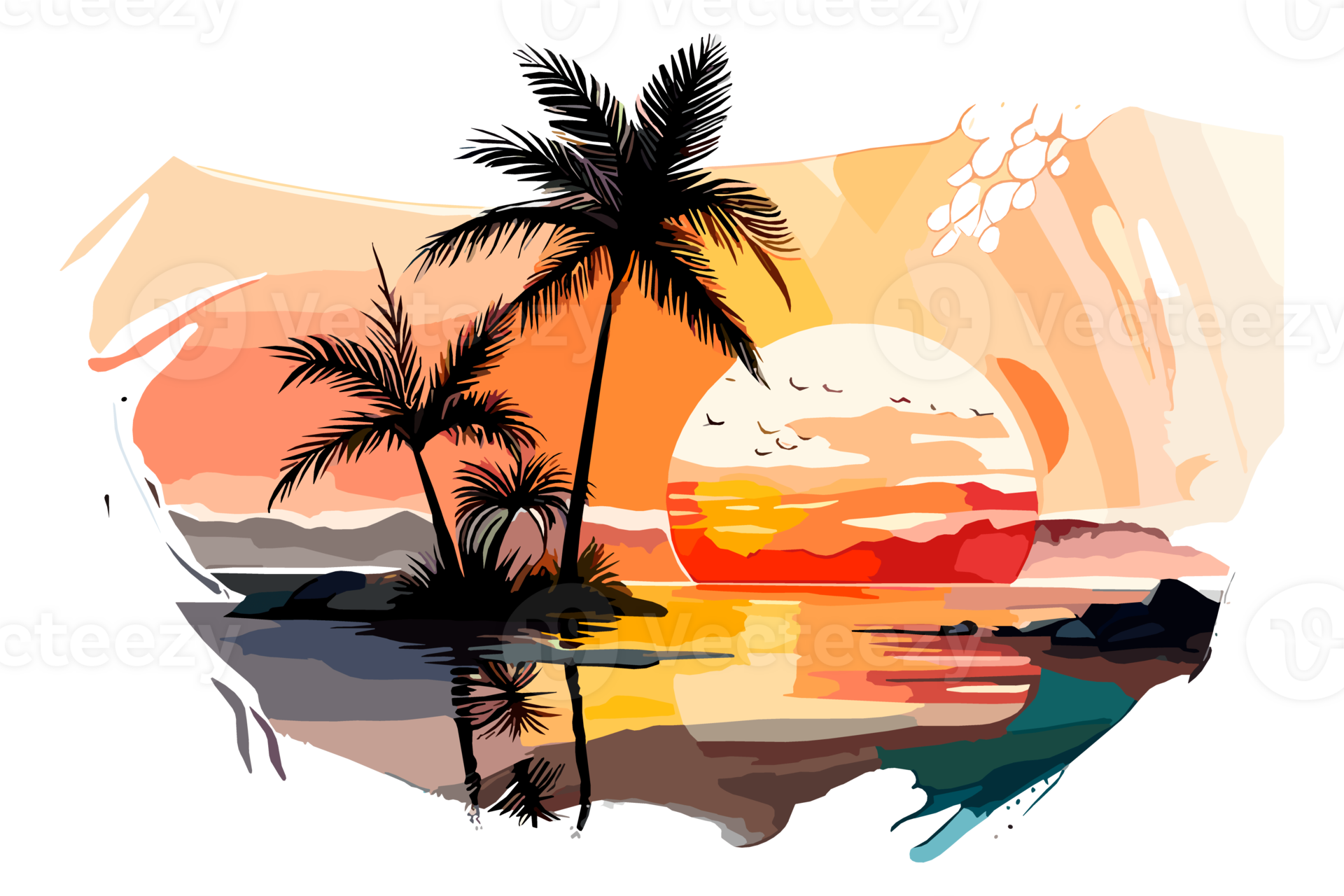 Watercolor sunset painting with palm trees on the sea beach ...