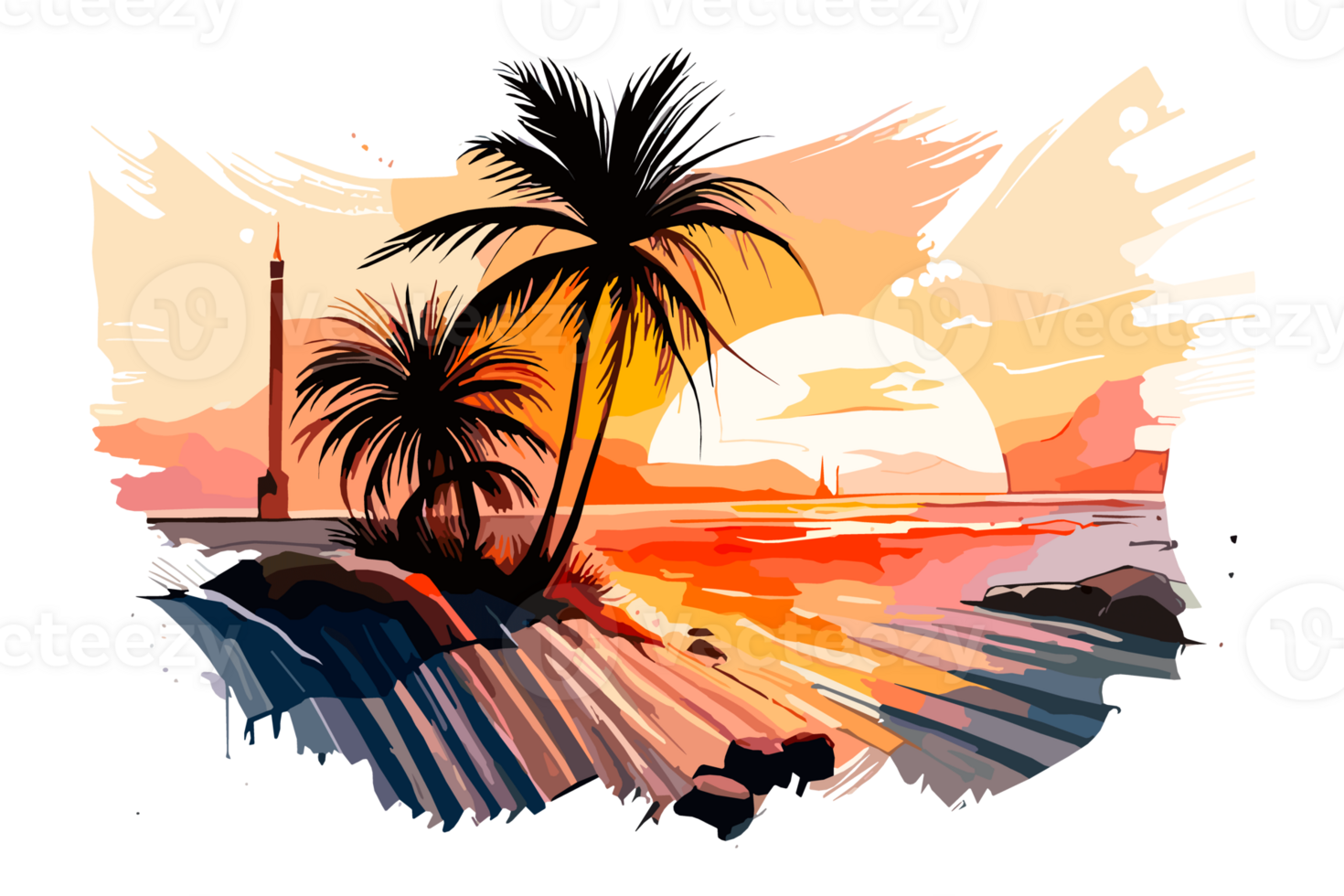 Watercolor sunset painting with palm trees on the sea beach, transparent background, PNG. Hand-drawn sunrise landscape riverside illustration for t-shirts, book covers, and print media decorations png
