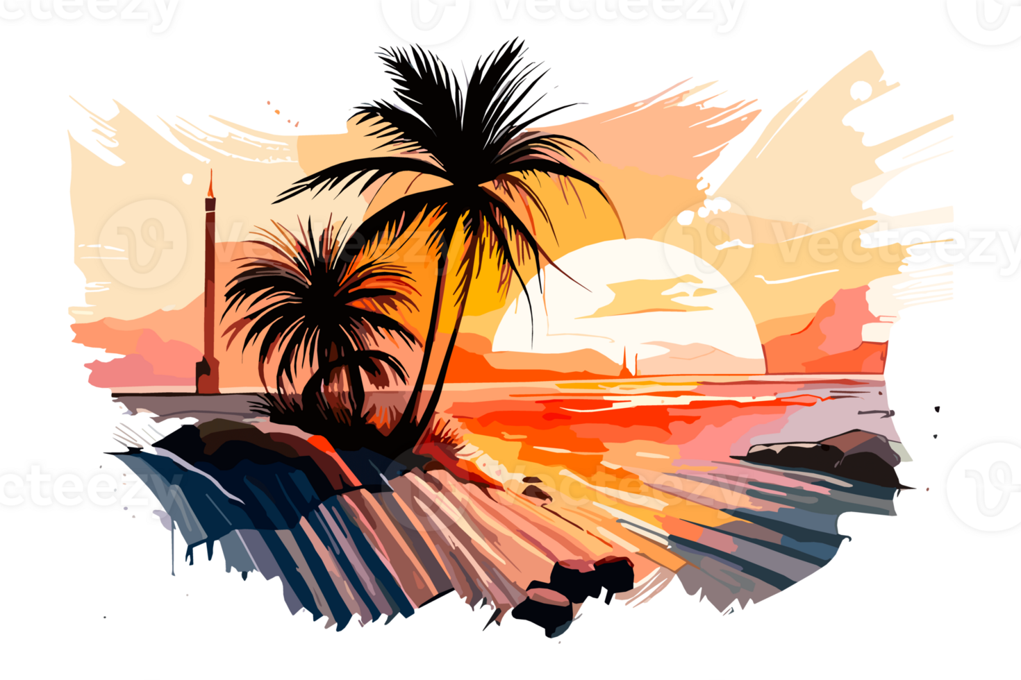 Watercolor sunset painting with palm trees on the sea beach, transparent background, PNG. Hand-drawn sunrise landscape riverside illustration for t-shirts, book covers, and print media decorations png