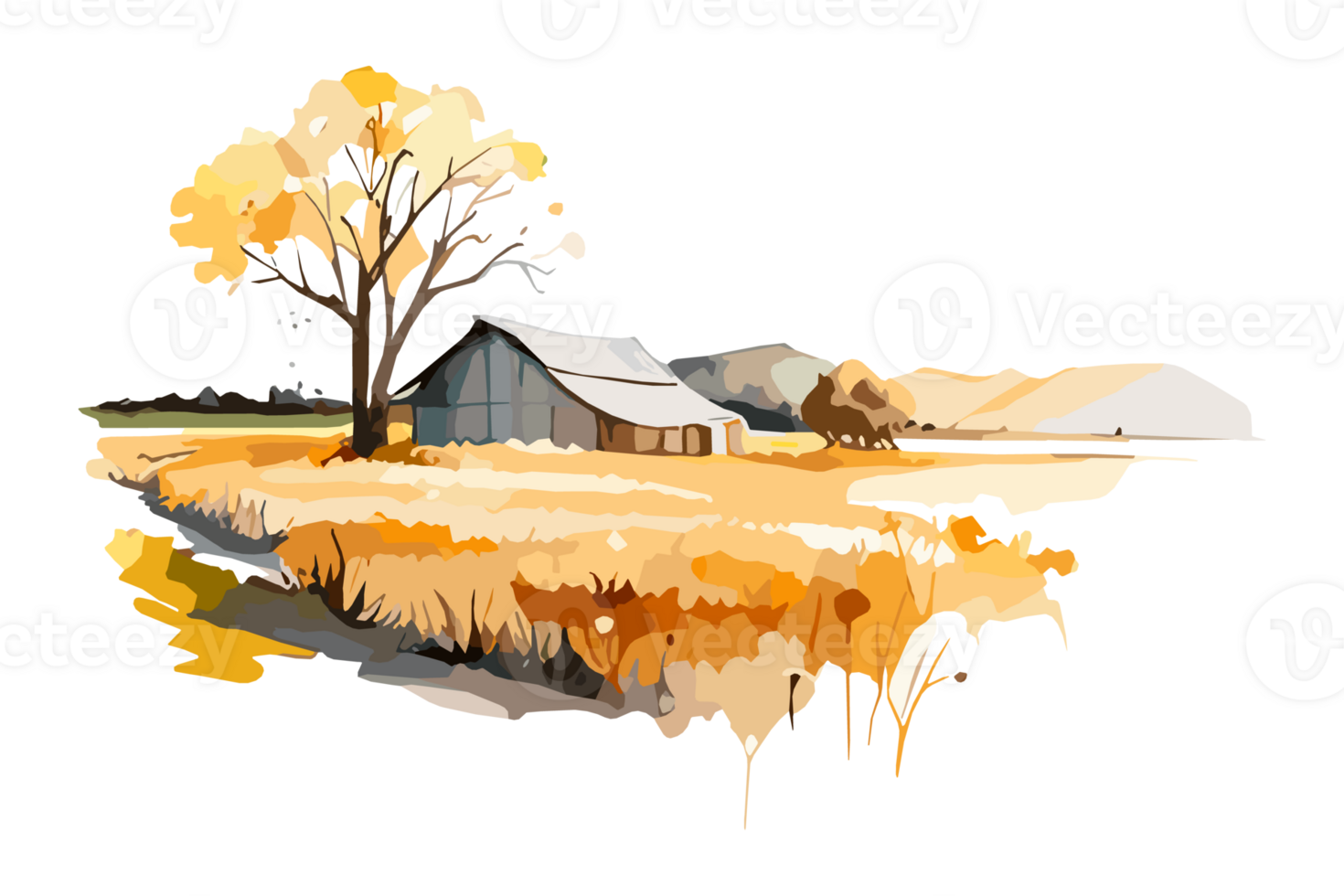 Watercolor golden field with crops on transparent background, PNG. Hand-drawn golden agriculture, cultivation, countryside landscape field for t-shirts, book covers, and print media decorations png