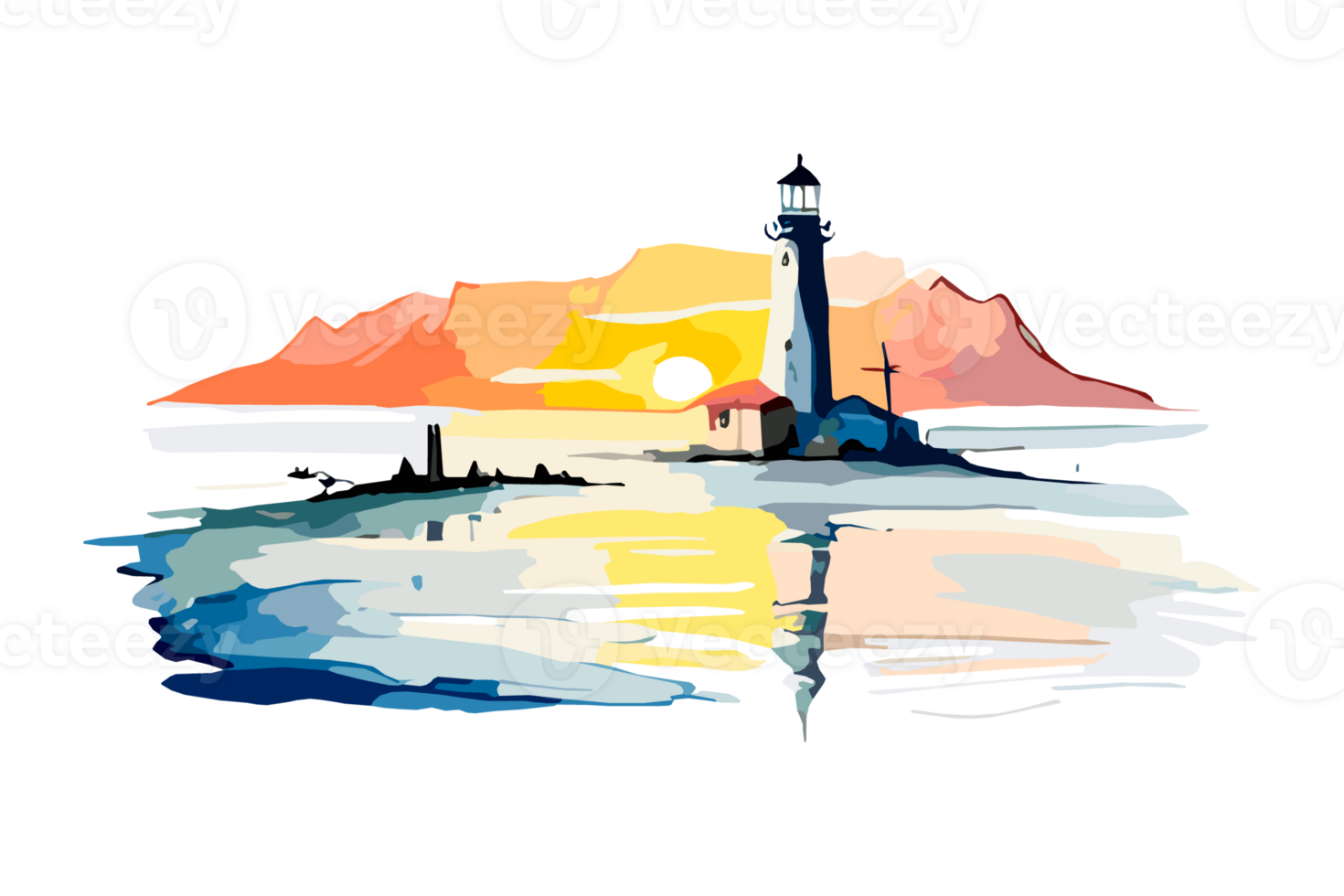 Watercolor lighthouse on the sea beach with copy space, transparent background, png. Hand-drawn coastline painting for t-shirts, book covers, and print media decorations png