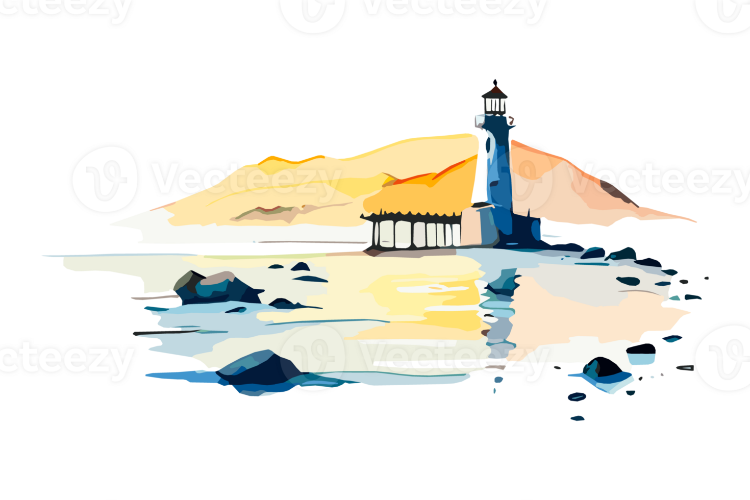 Watercolor lighthouse on the sea beach with copy space, transparent background, png. Hand-drawn coastline painting for t-shirts, book covers, and print media decorations png