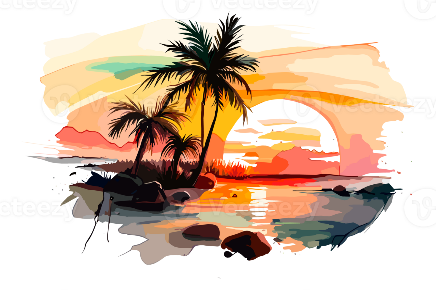 Watercolor sunset painting with palm trees on the sea beach, transparent background, PNG. Hand-drawn sunrise landscape riverside illustration for t-shirts, book covers, and print media decorations png