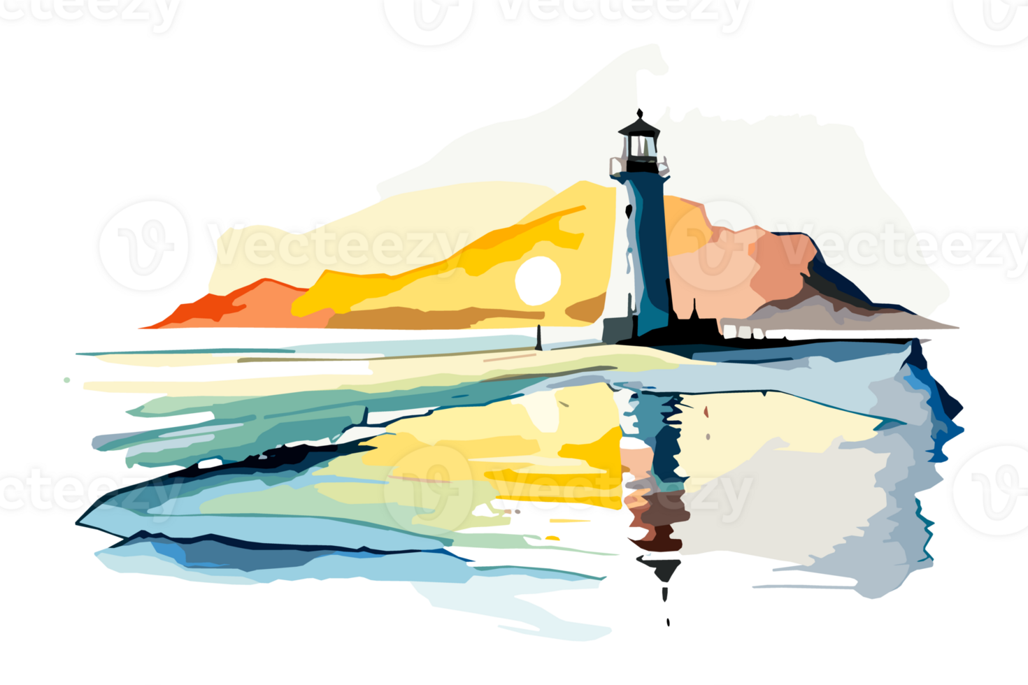 Watercolor lighthouse on the sea beach with copy space, transparent background, png. Hand-drawn coastline painting for t-shirts, book covers, and print media decorations png