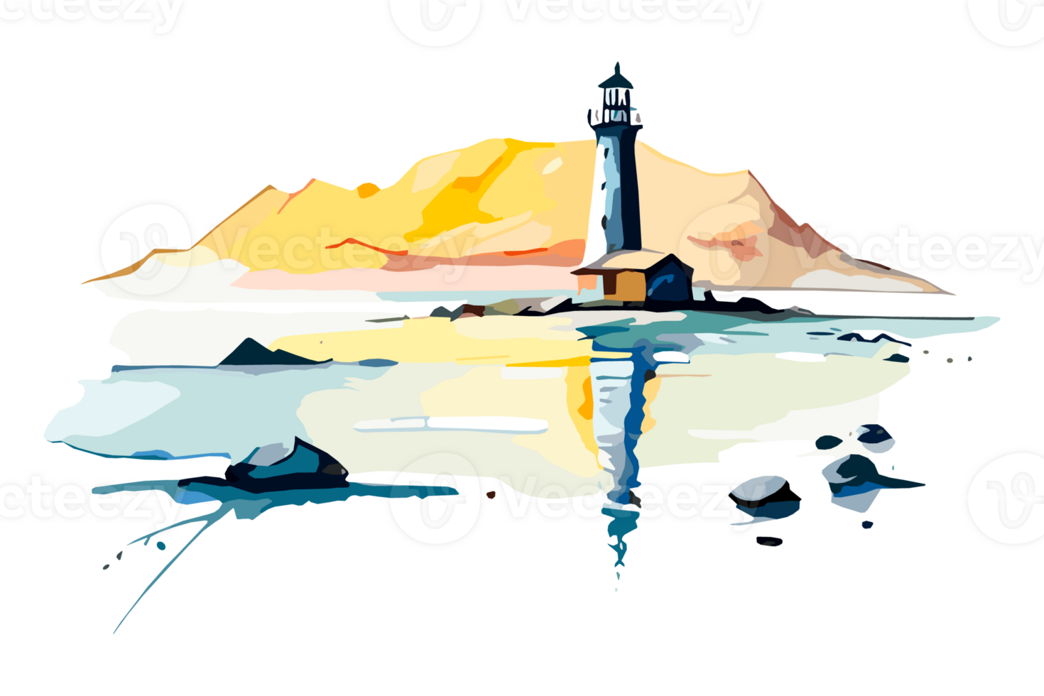 Watercolor lighthouse on the sea beach with copy space, transparent background, png. Hand-drawn coastline painting for t-shirts, book covers, and print media decorations png