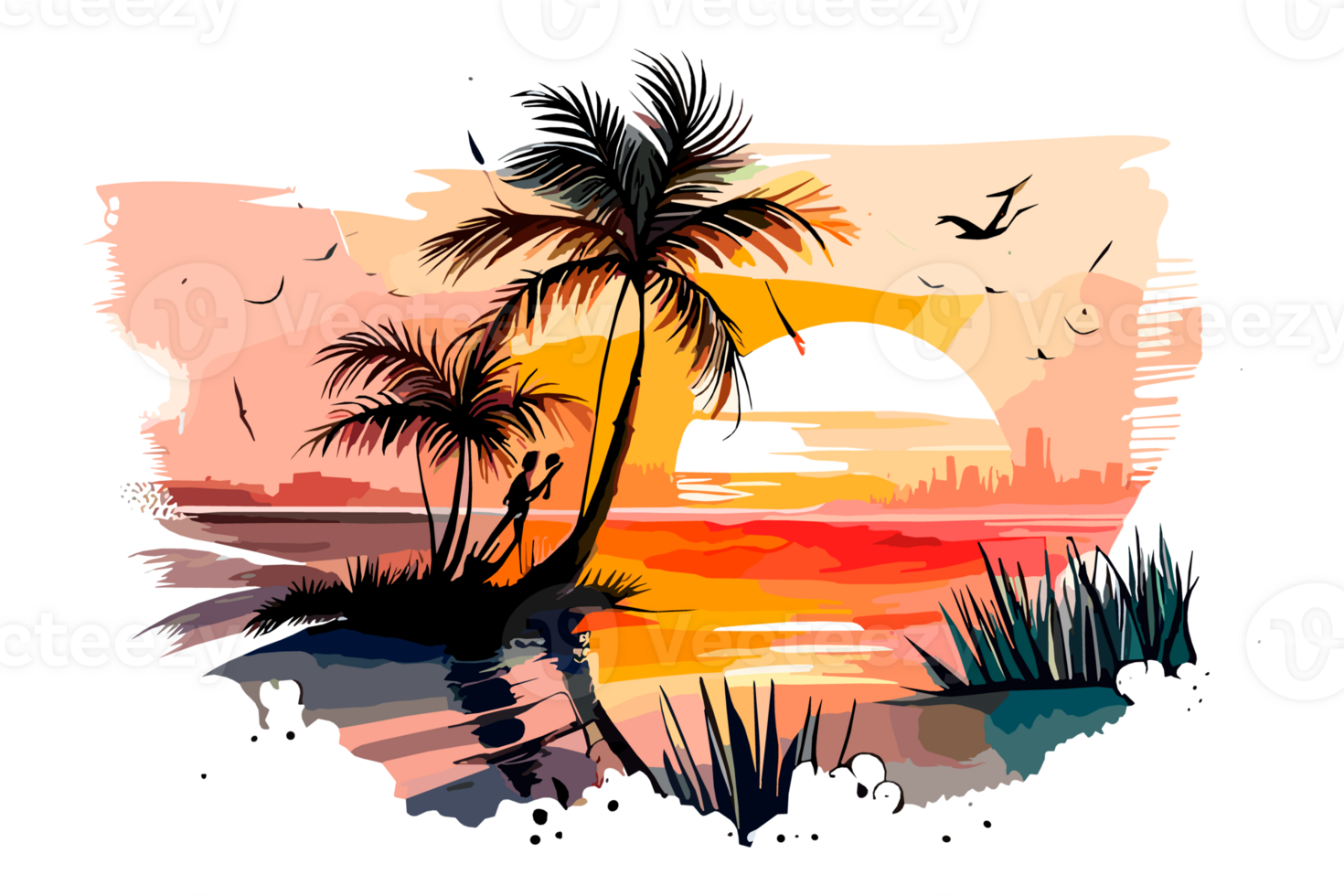 Watercolor sunset painting with palm trees on the sea beach, transparent background, PNG. Hand-drawn sunrise landscape riverside illustration for t-shirts, book covers, and print media decorations png