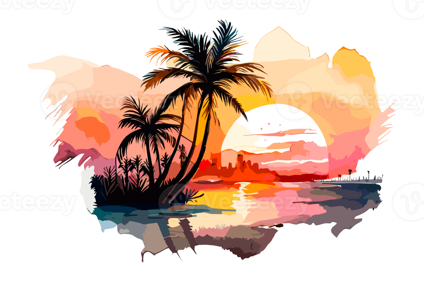 Watercolor sunset painting with palm trees on the sea beach, transparent background, PNG. Hand-drawn sunrise landscape riverside illustration for t-shirts, book covers, and print media decorations png