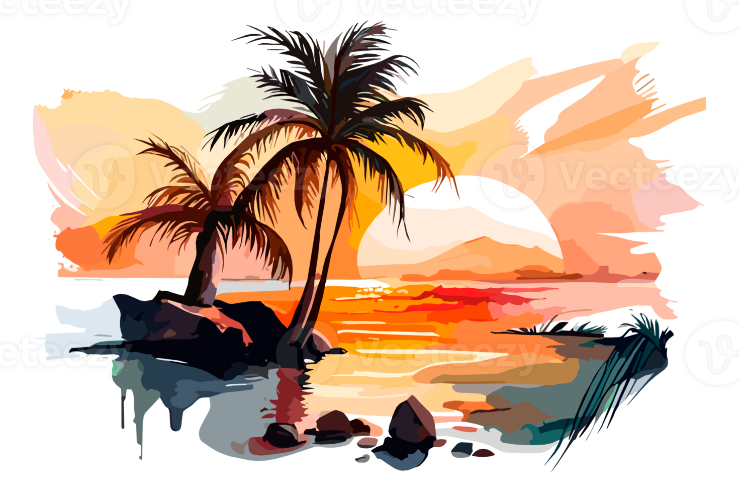Watercolor sunset painting with palm trees on the sea beach, transparent background, PNG. Hand-drawn sunrise landscape riverside illustration for t-shirts, book covers, and print media decorations png
