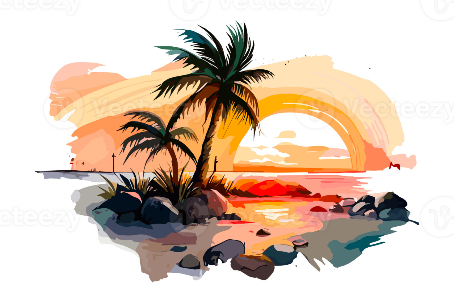 Watercolor sunset painting with palm trees on the sea beach, transparent background, PNG. Hand-drawn sunrise landscape riverside illustration for t-shirts, book covers, and print media decorations png