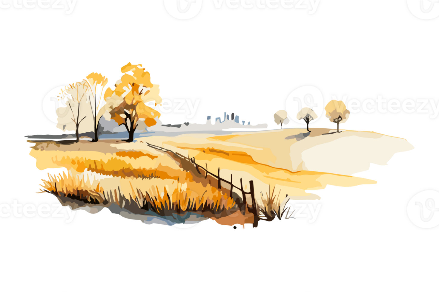 Watercolor golden field with crops on transparent background, PNG. Hand-drawn golden agriculture, cultivation, countryside landscape field for t-shirts, book covers, and print media decorations png
