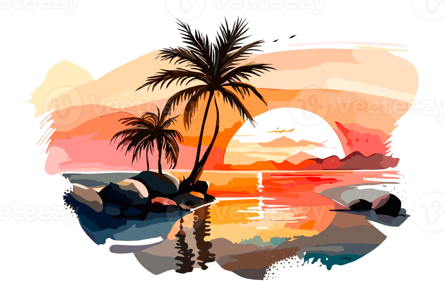 Watercolor sunset painting with palm trees on the sea beach, transparent background, PNG. Hand-drawn sunrise landscape riverside illustration for t-shirts, book covers, and print media decorations png