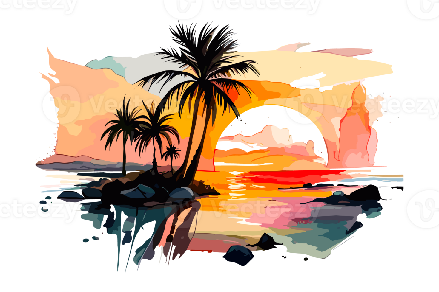 Watercolor sunset painting with palm trees on the sea beach, transparent background, PNG. Hand-drawn sunrise landscape riverside illustration for t-shirts, book covers, and print media decorations png