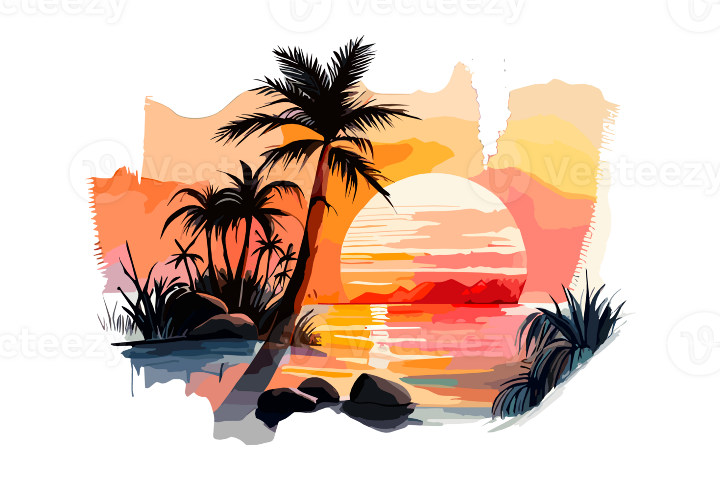 Watercolor sunset painting with palm trees on the sea beach, transparent background, PNG. Hand-drawn sunrise landscape riverside illustration for t-shirts, book covers, and print media decorations png