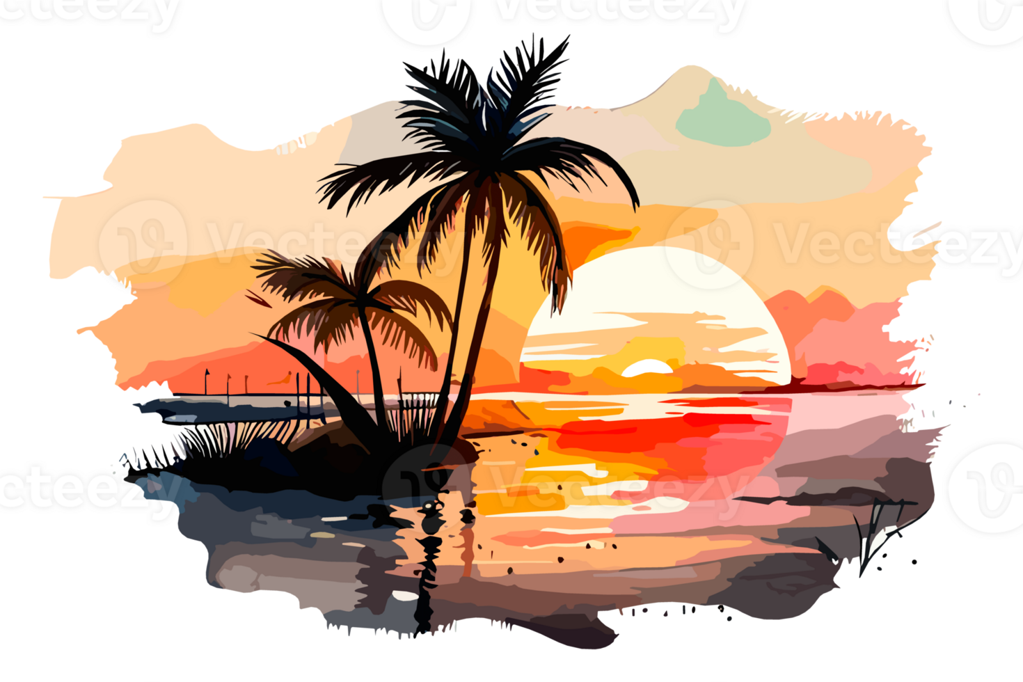 Watercolor sunset painting with palm trees on the sea beach, transparent background, PNG. Hand-drawn sunrise landscape riverside illustration for t-shirts, book covers, and print media decorations png