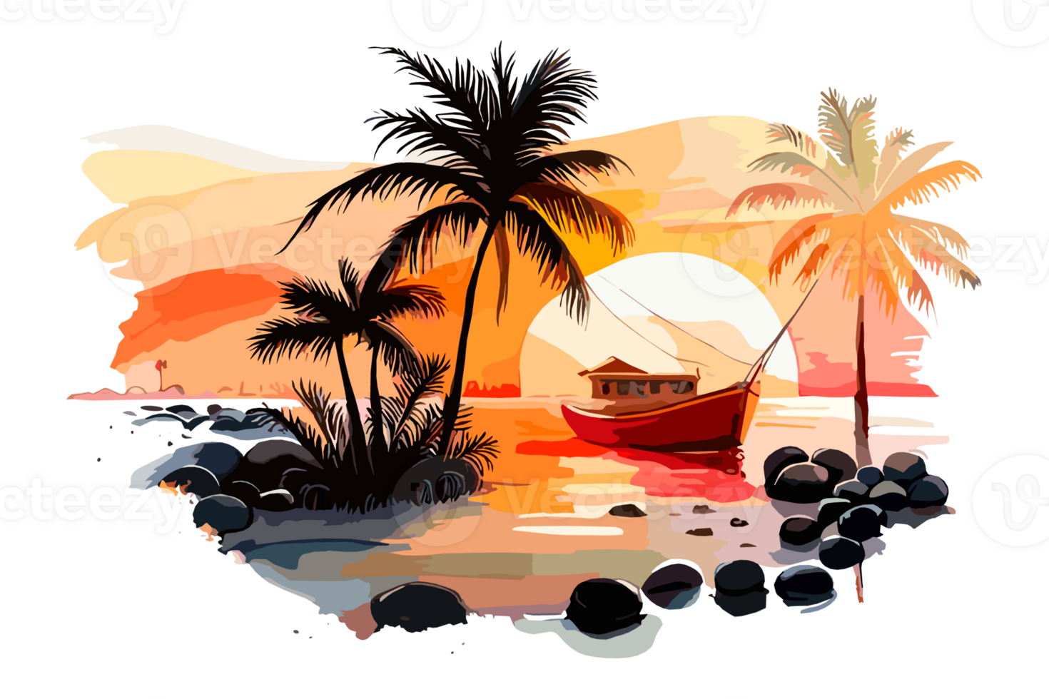 Watercolor sunset painting with palm trees on the sea beach, transparent background, PNG. Hand-drawn sunrise landscape riverside illustration for t-shirts, book covers, and print media decorations png