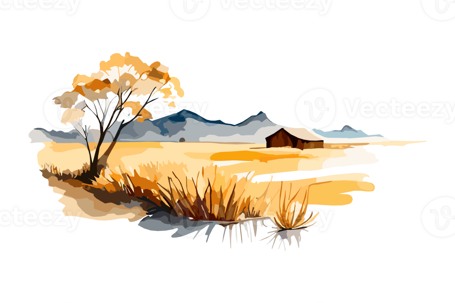 Watercolor golden field with crops on transparent background, PNG. Hand-drawn golden agriculture, cultivation, countryside landscape field for t-shirts, book covers, and print media decorations png