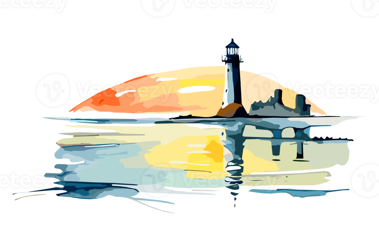 Watercolor lighthouse on the sea beach with copy space, transparent background, png. Hand-drawn coastline painting for t-shirts, book covers, and print media decorations png