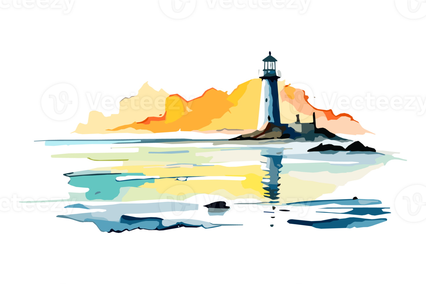 Watercolor lighthouse on the sea beach with copy space, transparent background, png. Hand-drawn coastline painting for t-shirts, book covers, and print media decorations png