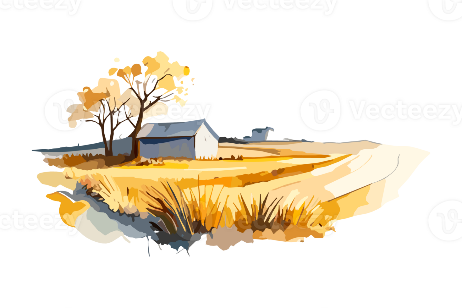Watercolor golden field with crops on transparent background, PNG. Hand-drawn golden agriculture, cultivation, countryside landscape field for t-shirts, book covers, and print media decorations png
