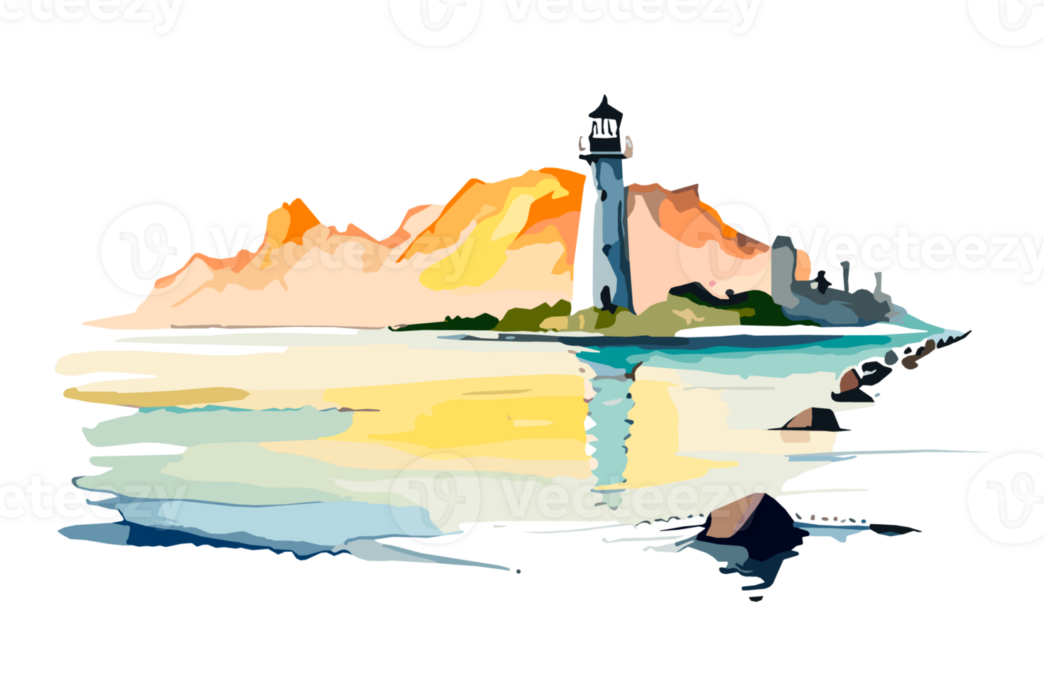 Watercolor lighthouse on the sea beach with copy space, transparent background, png. Hand-drawn coastline painting for t-shirts, book covers, and print media decorations png