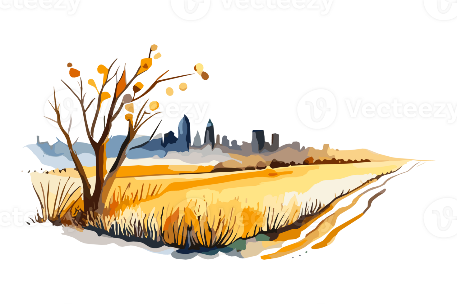 Watercolor golden field with crops on transparent background, PNG. Hand-drawn golden agriculture, cultivation, countryside landscape field for t-shirts, book covers, and print media decorations png