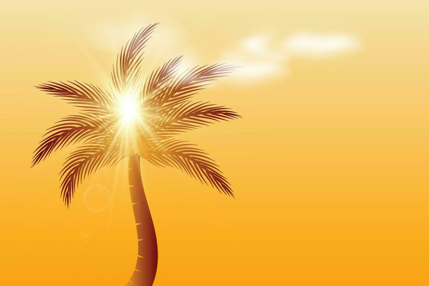 Golden palm tree with sunlight, sun ray, and white clouds collection for natural landscape illustration design vector