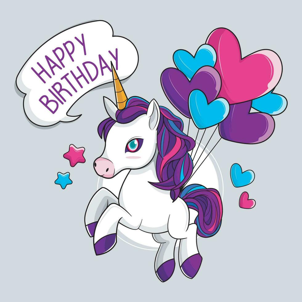 Happy Birthday Greeting Card with a Cute Unicorn Cartoon pro download vector