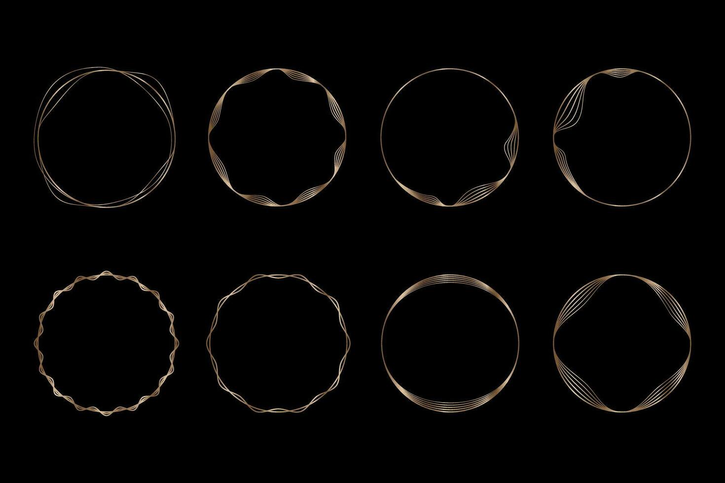 Set of round golden frames on a black background, golden elements in art deco style. Vector abstract linear objects