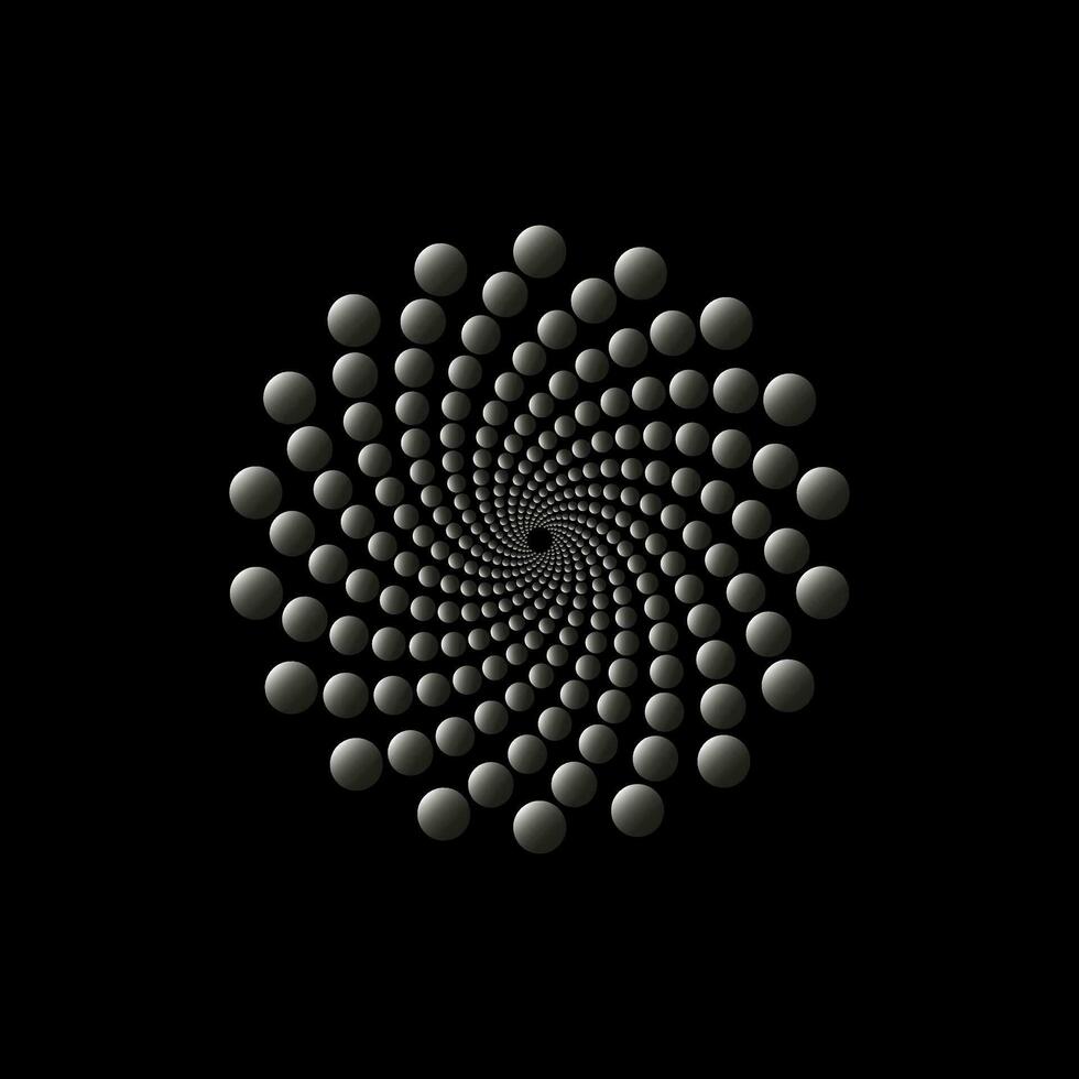 Vortex of points swirled to the center diminishing in perspective. Abstract logo design. Digital geometric design element isolated on black vector