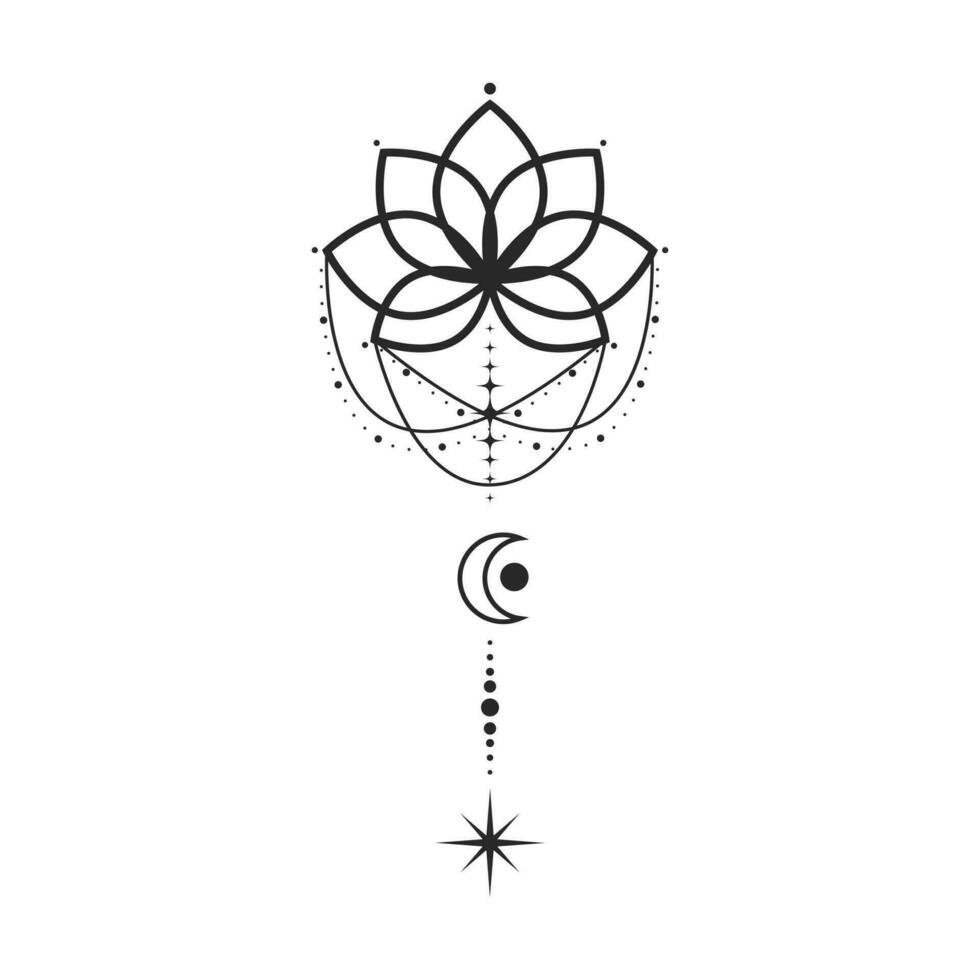 Lotus flower moon and stars line art element isolated. Abstract constellation composition, Graphic design tattoo vector