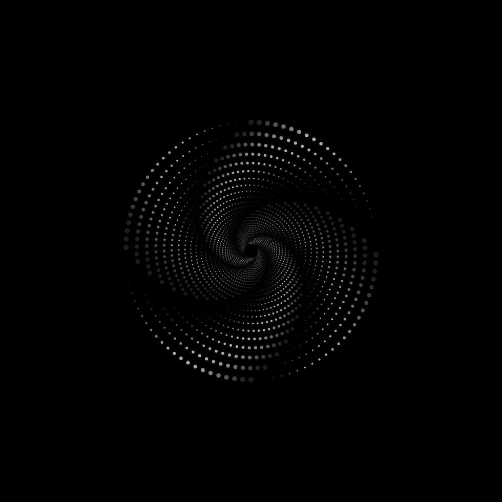 trama de semitonos puntos en espiral forma. redondo logo. vector punteado marco. giro diseño concéntrico círculos geométrico elemento, resumen representación de tecnológico cámara obturador concepto, aislado en negro