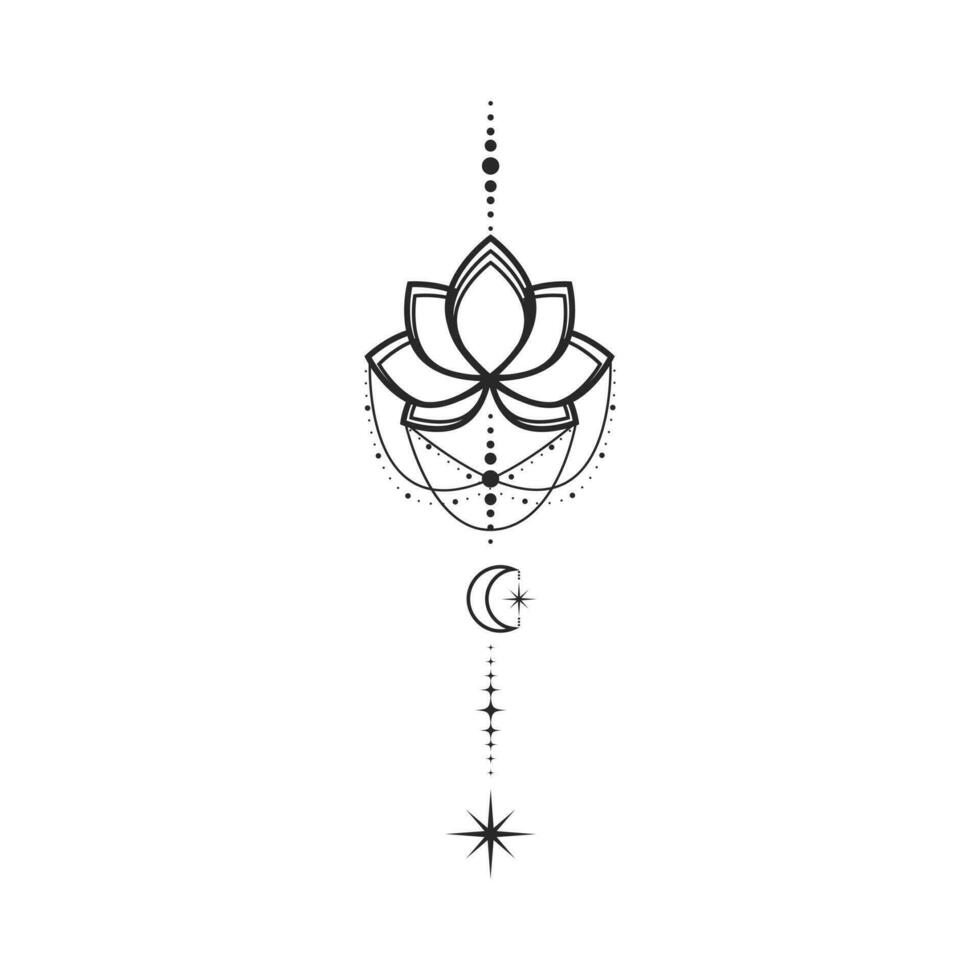 Lotus flower moon and stars line art element isolated. Abstract constellation composition, Graphic design tattoo vector