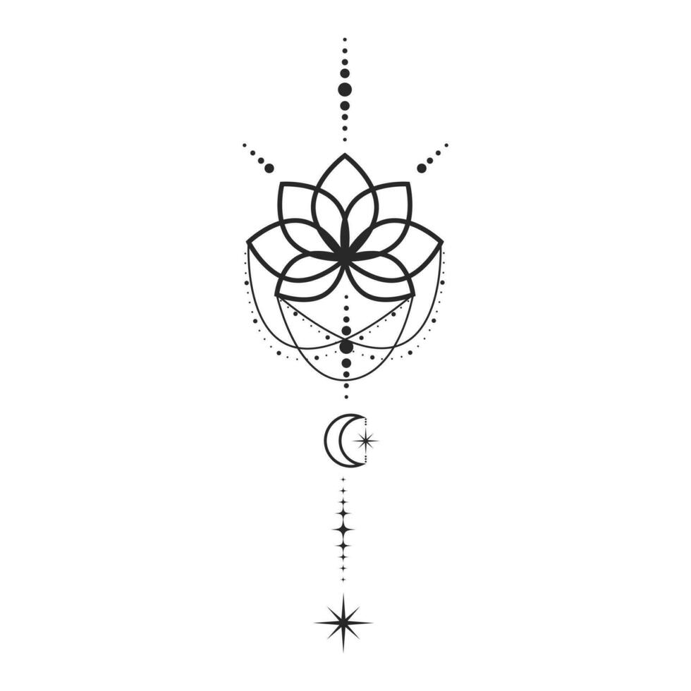 Lotus flower moon and stars line art element isolated. Abstract constellation composition, Graphic design tattoo vector