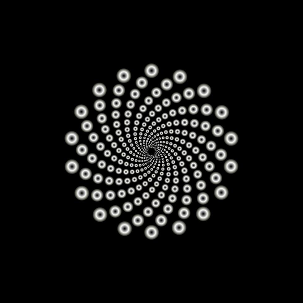 Vortex of points swirled to the center diminishing in perspective. Abstract logo design. Digital geometric design element isolated on black vector