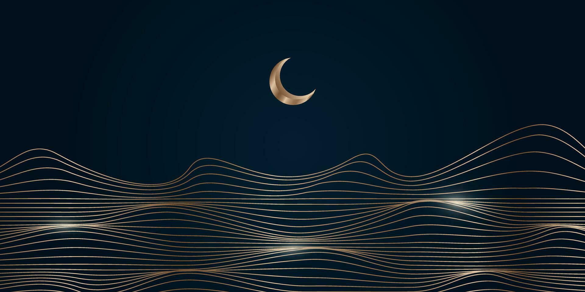 Golden linear abstract mountains on dark background, Moon over wavy linear hills horizontal background. Vector banner