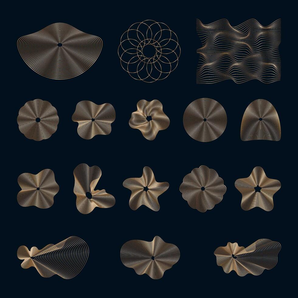 Abstract golden linear elements of different shapes, Set of wavy golden design elements on a dark background. Vector icons