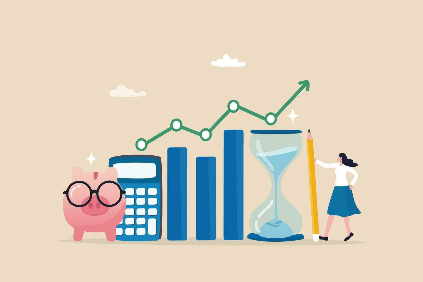 Financial planning, investment or wealth management, savings money or income and salary, budgeting plan for spending, debt and tax concept, woman planning for her savings with piggy bank growth chart. vector