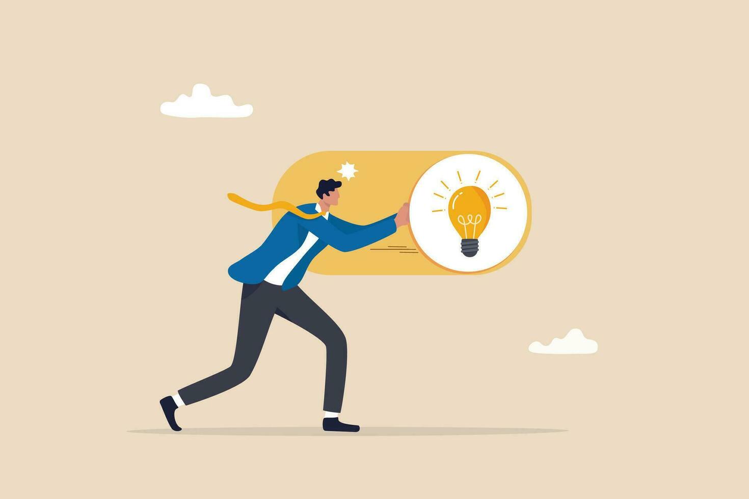 Turn on new idea, solution or innovation to solve problem, enable knowledge or creativity, toggle lightbulb idea invention, unlock or active concept, businessman push toggle switch to turn on idea. vector