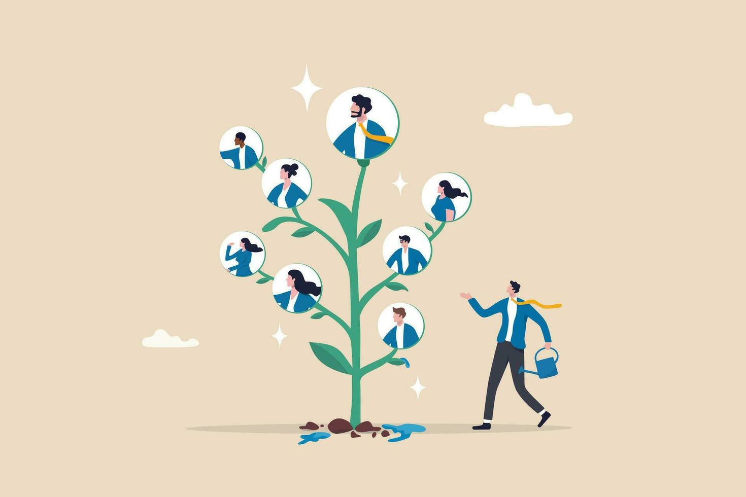 Career growth, HR human resources or organization, people management, career development strategy, employee skill or hiring, recruitment concept, businessman HR watering growing tree with employees. vector