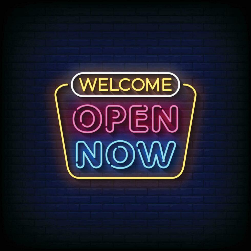 Neon Sign welcome open now with brick wall background vector