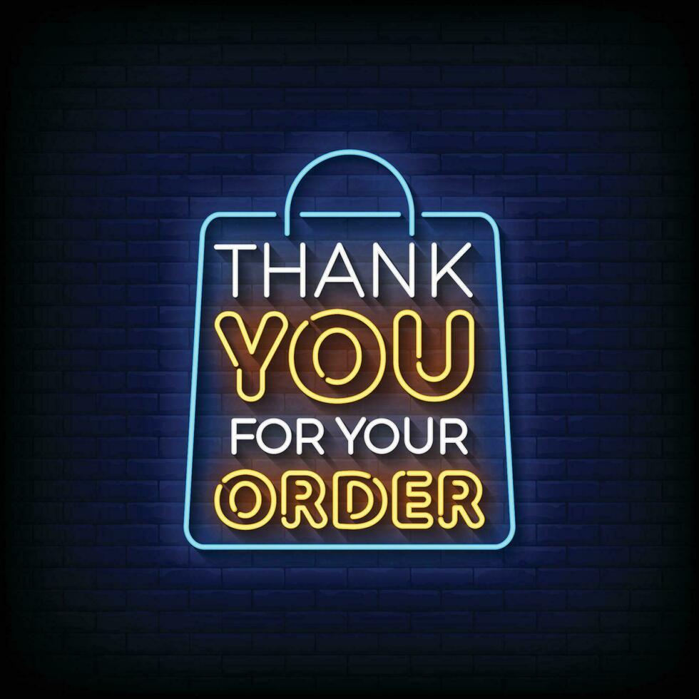 Neon Sign thank you for your order with brick wall background vector
