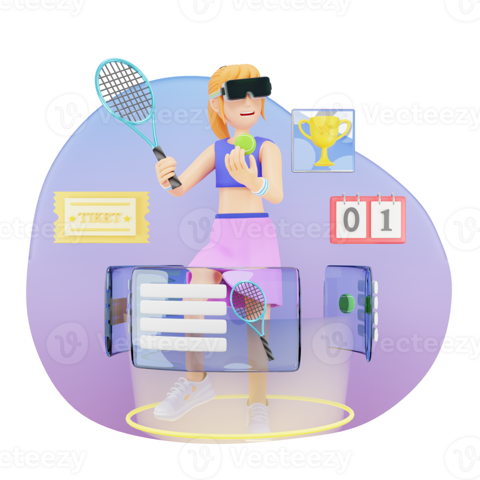 Virtual Tennis Match - Woman in VR Glasses Playing Tennis with Racquet - 3D Character Illustration in a Virtual Reality Sports Experience png