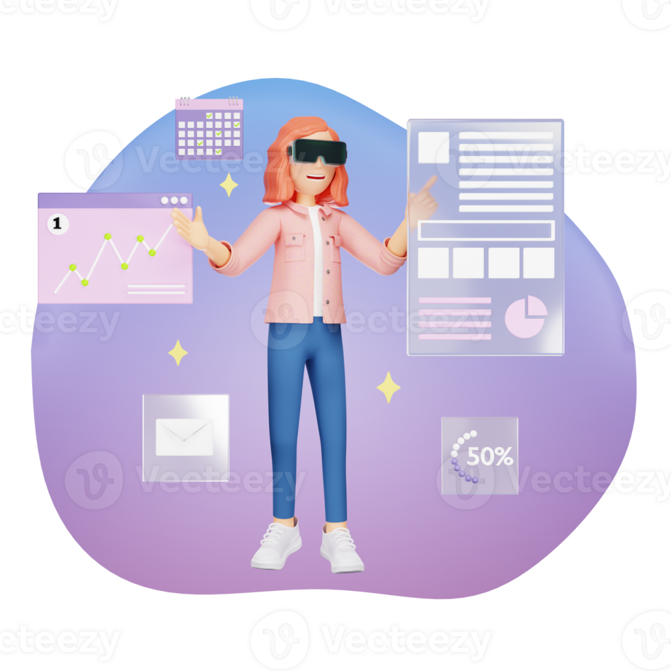 Futuristic Woman in VR Glasses Analyzing Cryptocurrency Charts - 3D Character Illustration in a Virtual Reality Finance Concept png