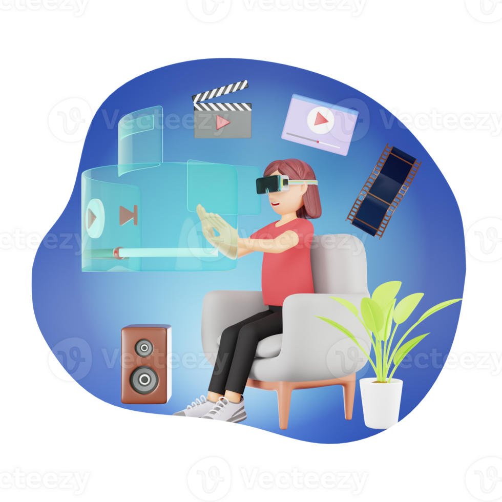 Virtual Reality Leisure - 3D Cartoon Character Wearing VR Glasses Enjoying TV Entertainment in a Digital Render png