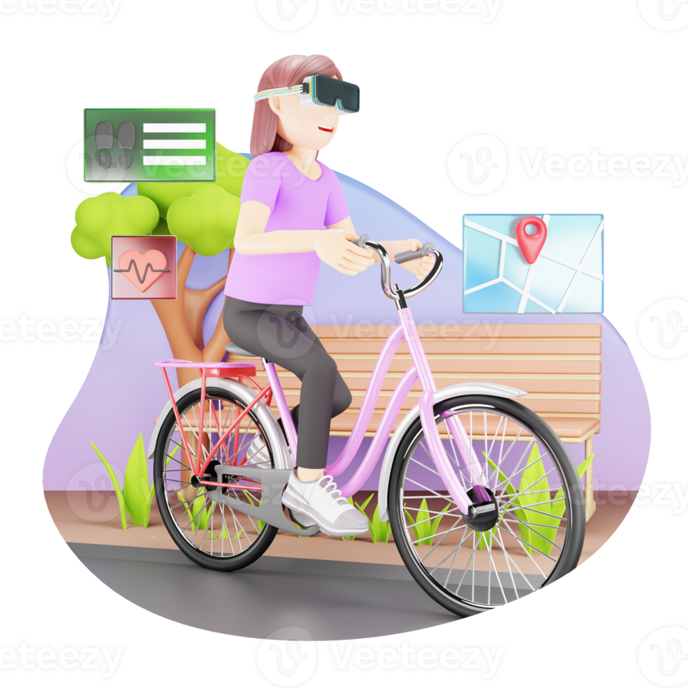 Technology and Fitness Concept - 3D Cartoon Character of a Woman Riding Bike with VR Glasses in a Virtual Environment png