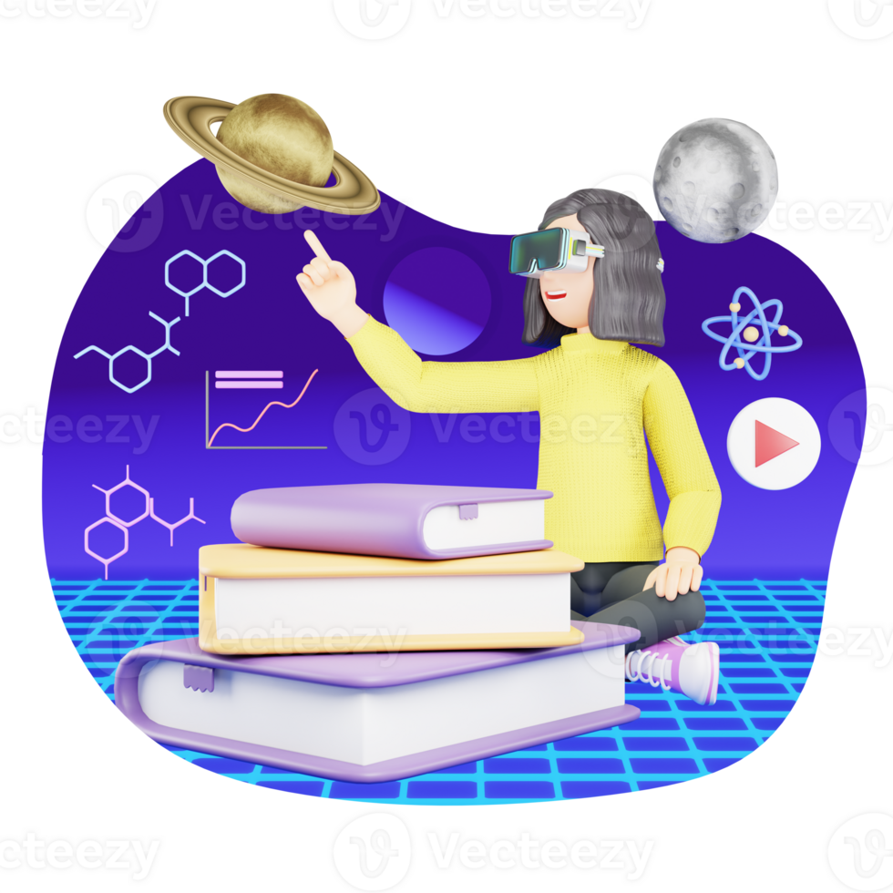 de toekomst van onderwijs - metaverse online onderwijs - 3d karakter illustratie in een virtueel aan het leren milieu png