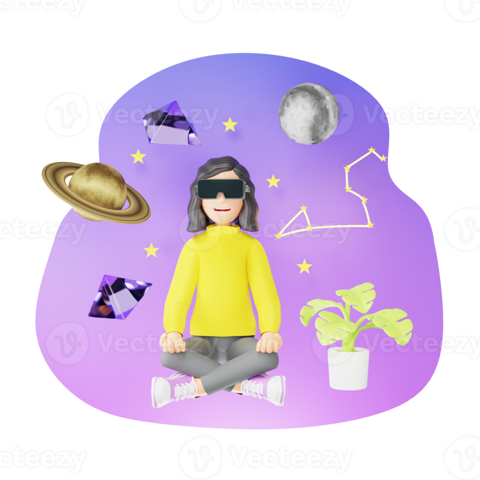 Technology and Mindfulness Concept - 3D Cartoon Character of a Woman Practicing Meditation and Finding Relaxation with VR Glasses png